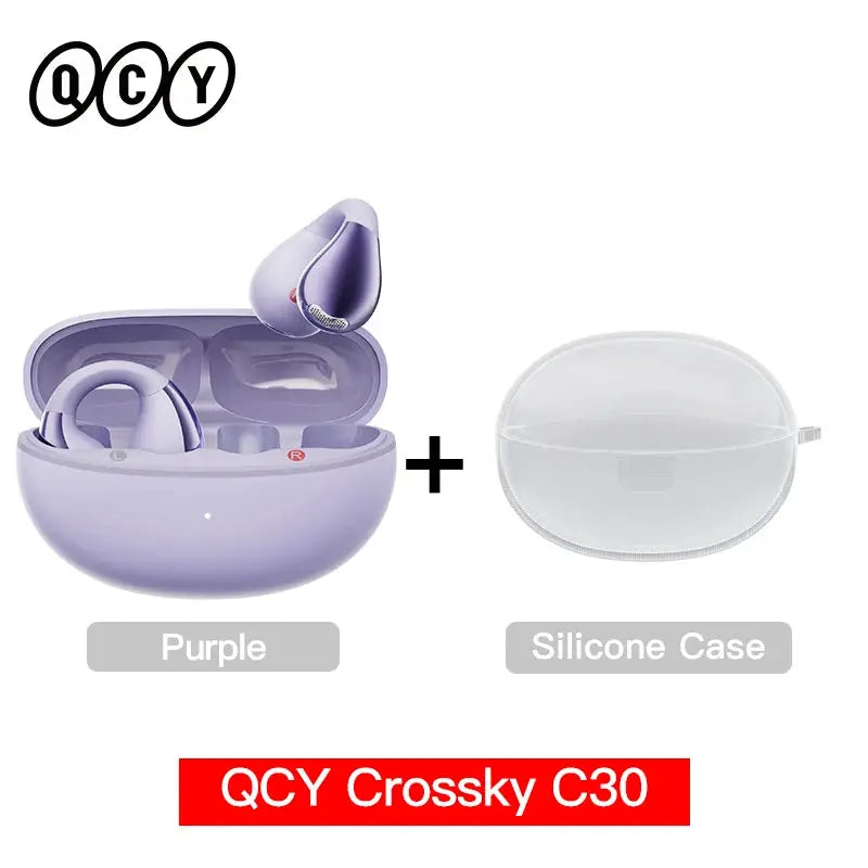 QCY Crossky C30 open-ear earclip earbuds in purple with charging case and silicone case