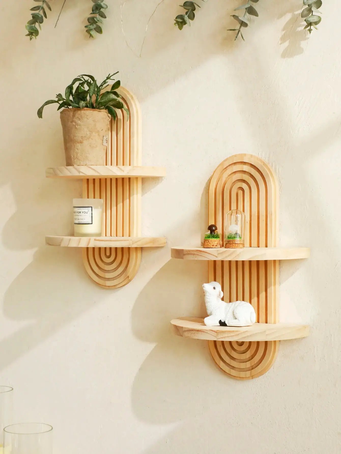 Boho geometric wooden wall shelf (1pc) in natural wood finish for modern home decor by Simples Market