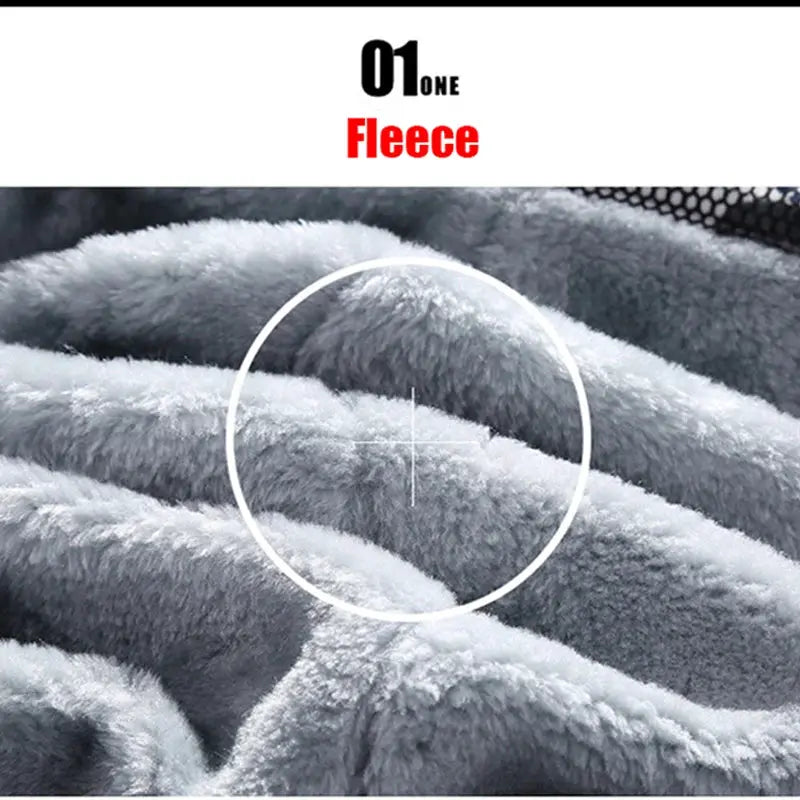 Men's fleece jacket fabric close-up in gray, thick and fluffy