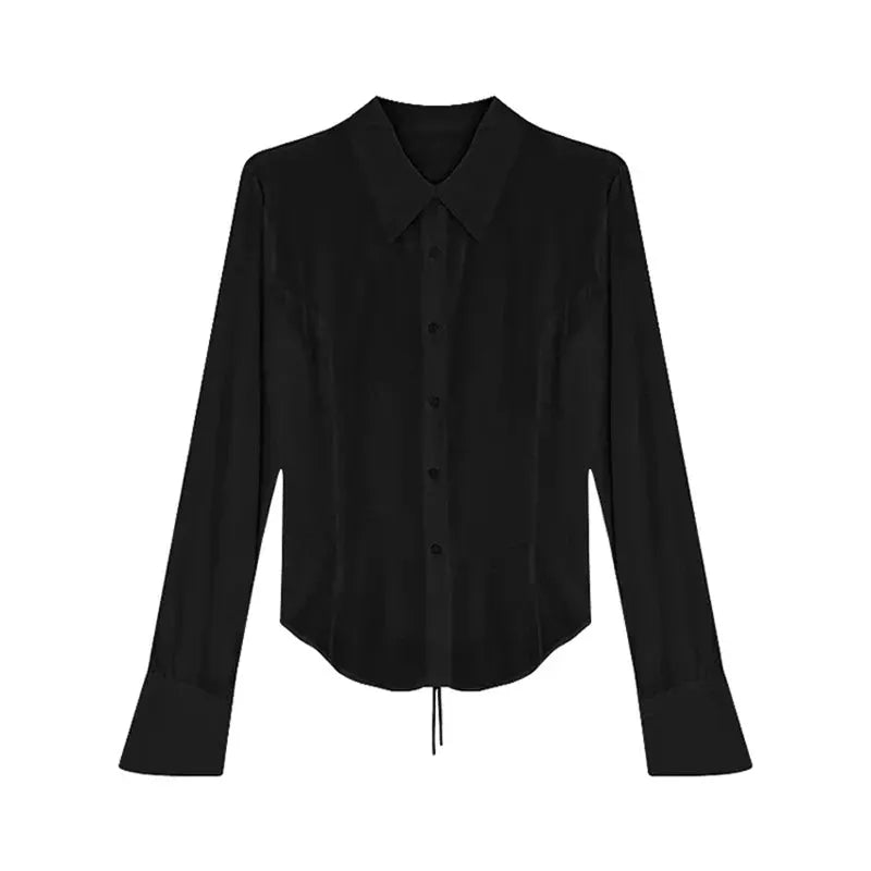 Black women's blouse with collar, button-down front, long bell sleeves, and drawstring hem.