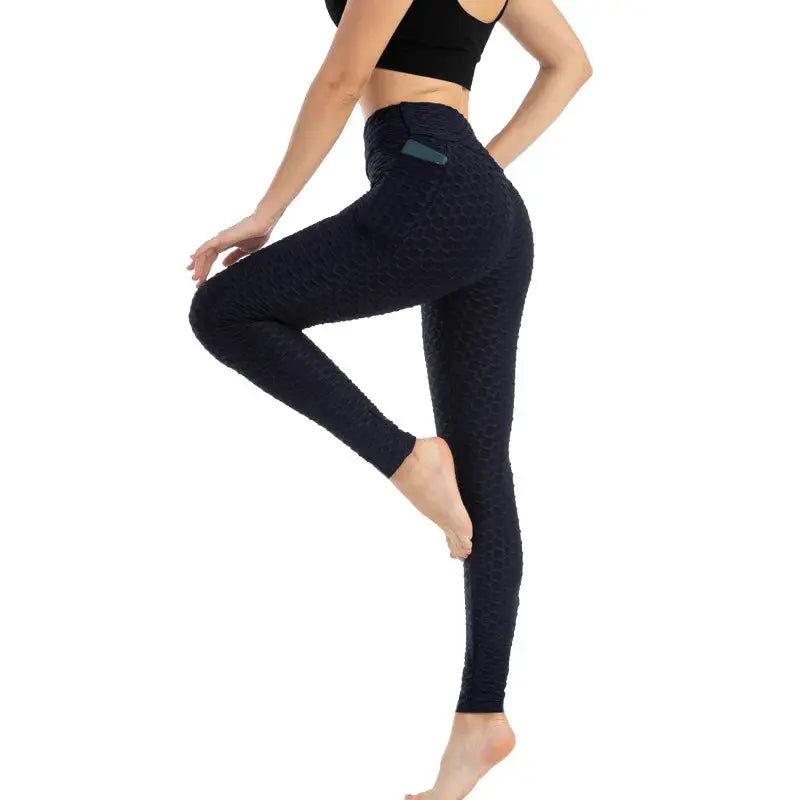 Simples Market women pocket bubble leggings, navy textured high-waist stretchy gym tights