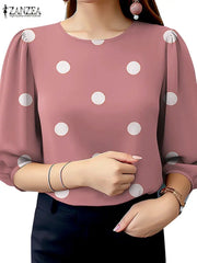 Polka Dot Blouse For Women ZANZEA O Neck Three Quarter Sleeve Top