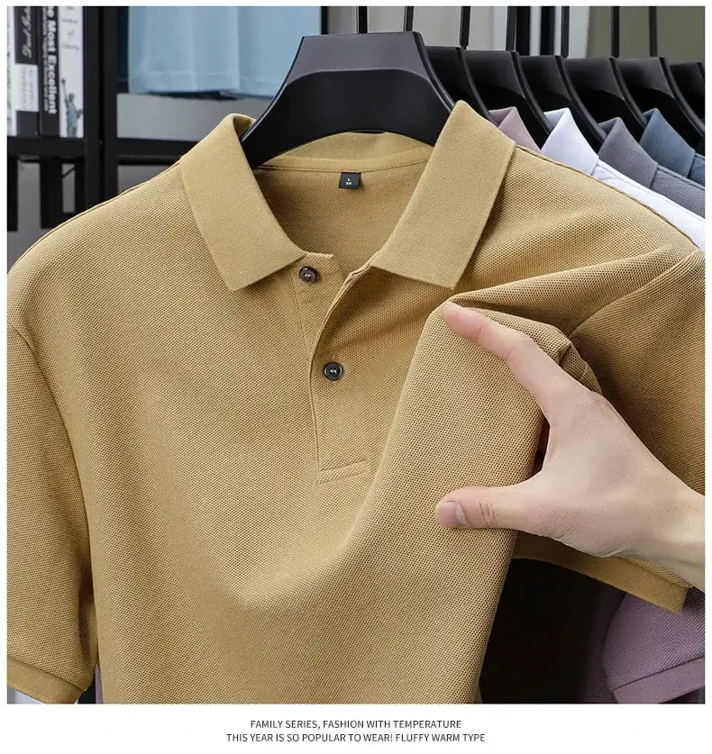 Men's khaki polo shirt, 100% cotton by Simples Market, on hanger