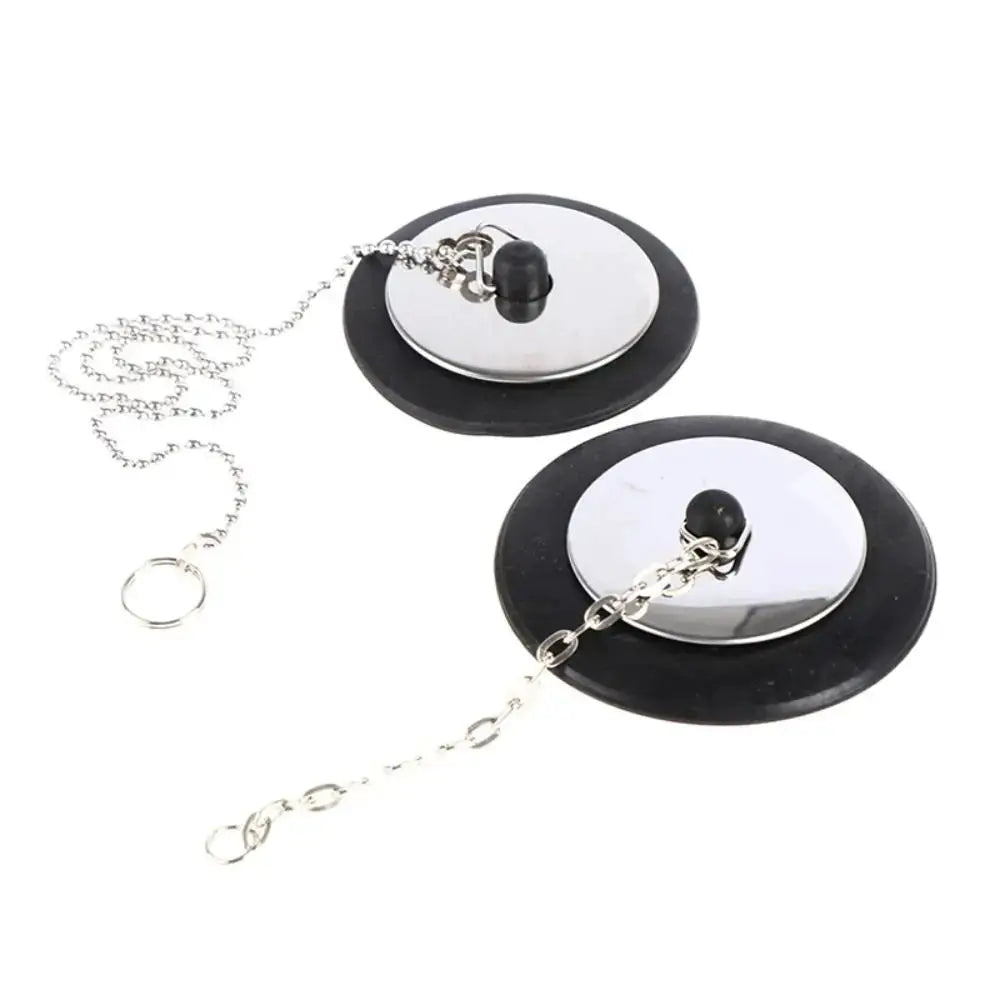 Rubber tub stoppers with metal discs and hanging chains, 2 pcs for universal bath drains