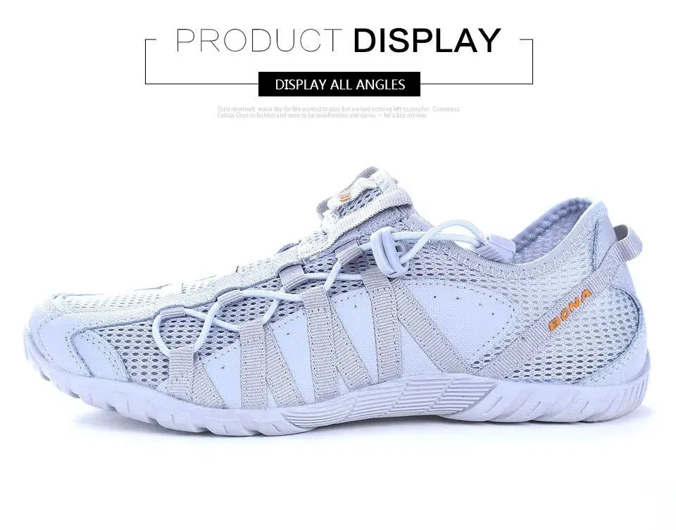 BONA men's white mesh running shoes with lace-up design and orange logo