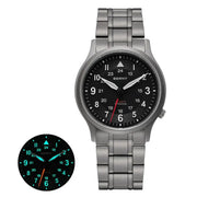 BERNY titanium men’s field wristwatch with black dial, luminous hands, and metal bracelet