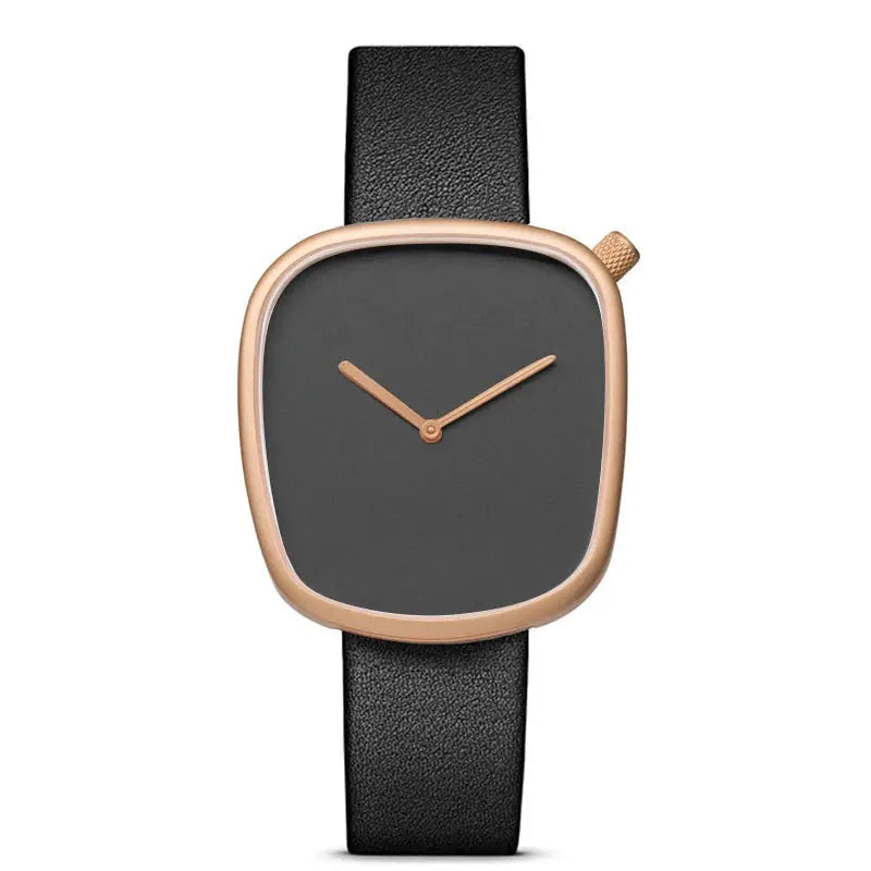 TOMI watch, minimalist square design with charcoal dial, rose-gold case, black leather strap, two-hand quartz