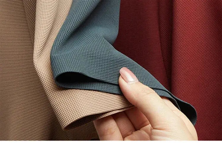 Men's polo shirt fabric swatches in beige, teal, and burgundy (three pieces)