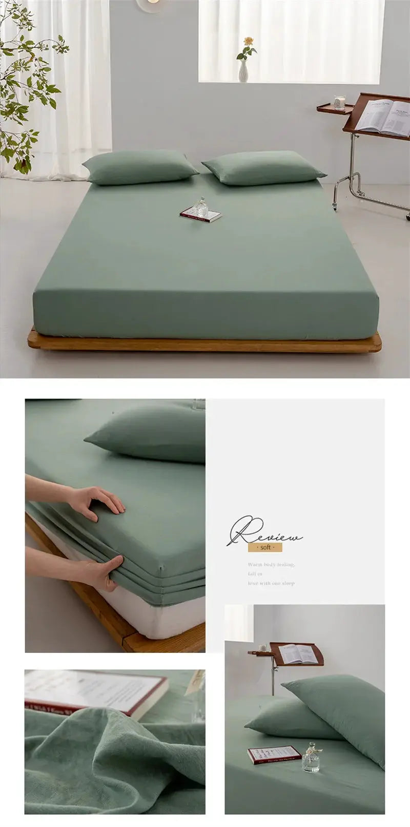 Simples Market fitted sheet in sage green, soft cotton bed linen with elastic edges for single to king beds.