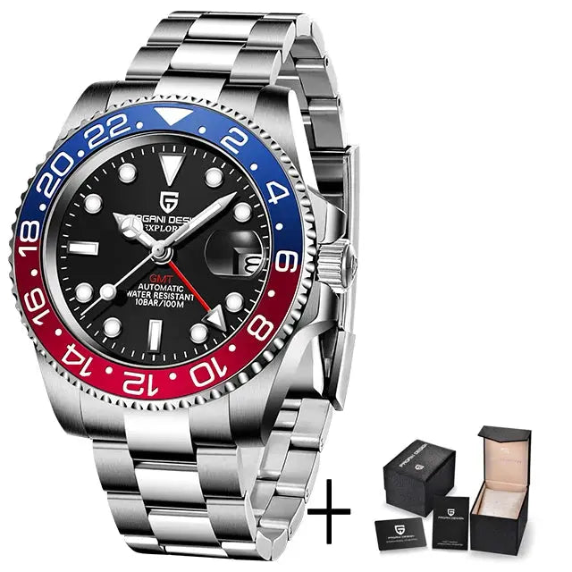 PAGANI DESIGN V3 GMT watch; stainless steel bracelet, blue/red bezel, black dial, date magnifier, 40mm, automatic