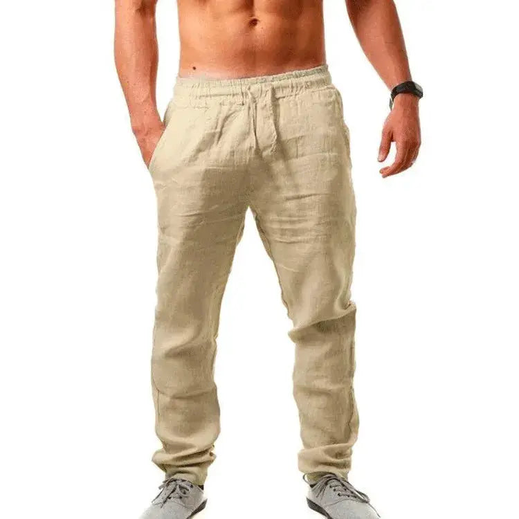Men's cotton-linen jogger pants in beige with drawstring for breathable casual wear.