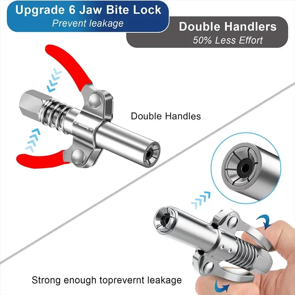 Grease gun coupler with double handles, quick-release nozzle, metal construction, 10000 PSI