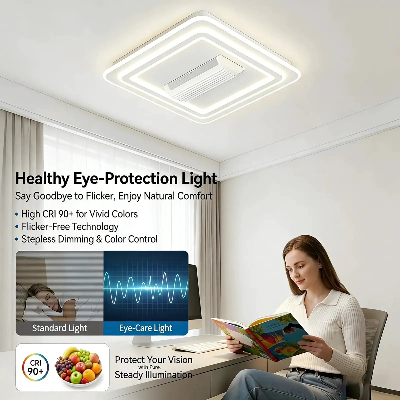 LED bladeless ceiling fan chandelier by Simples Market with square LED rings, white finish
