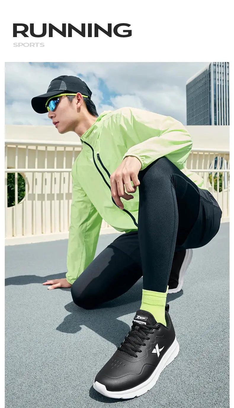 Xtep men's running shoes, black with white sole and side logo.