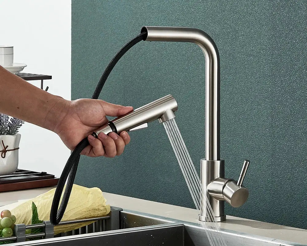 Rozin flexible gourmet kitchen faucet, stainless steel with black pull-out hose, 360° rotation, Simples Market