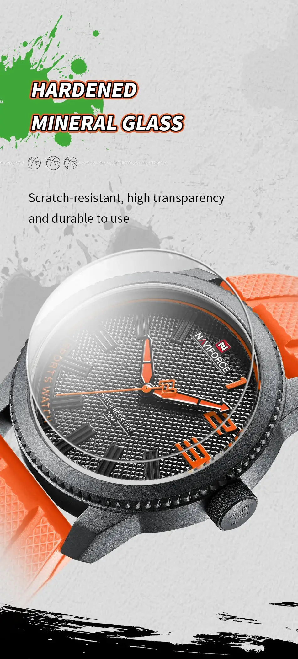 Naviforce men's quartz watch with orange silicone strap and textured black dial.