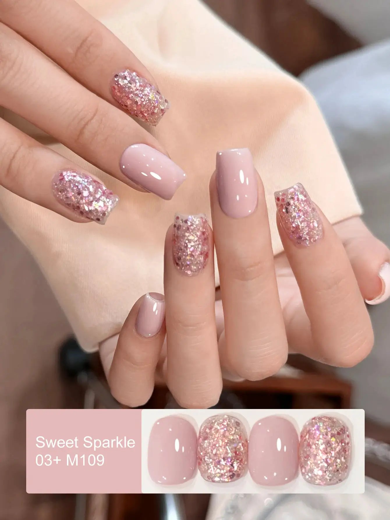 Nail art candy sequins gel set in pink; glossy solid pink nails with glitter accents