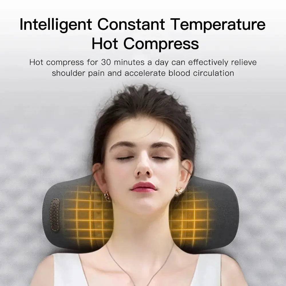 Electric neck massager pillow in gray/black with heating grid and vibrating massage for cervical relief