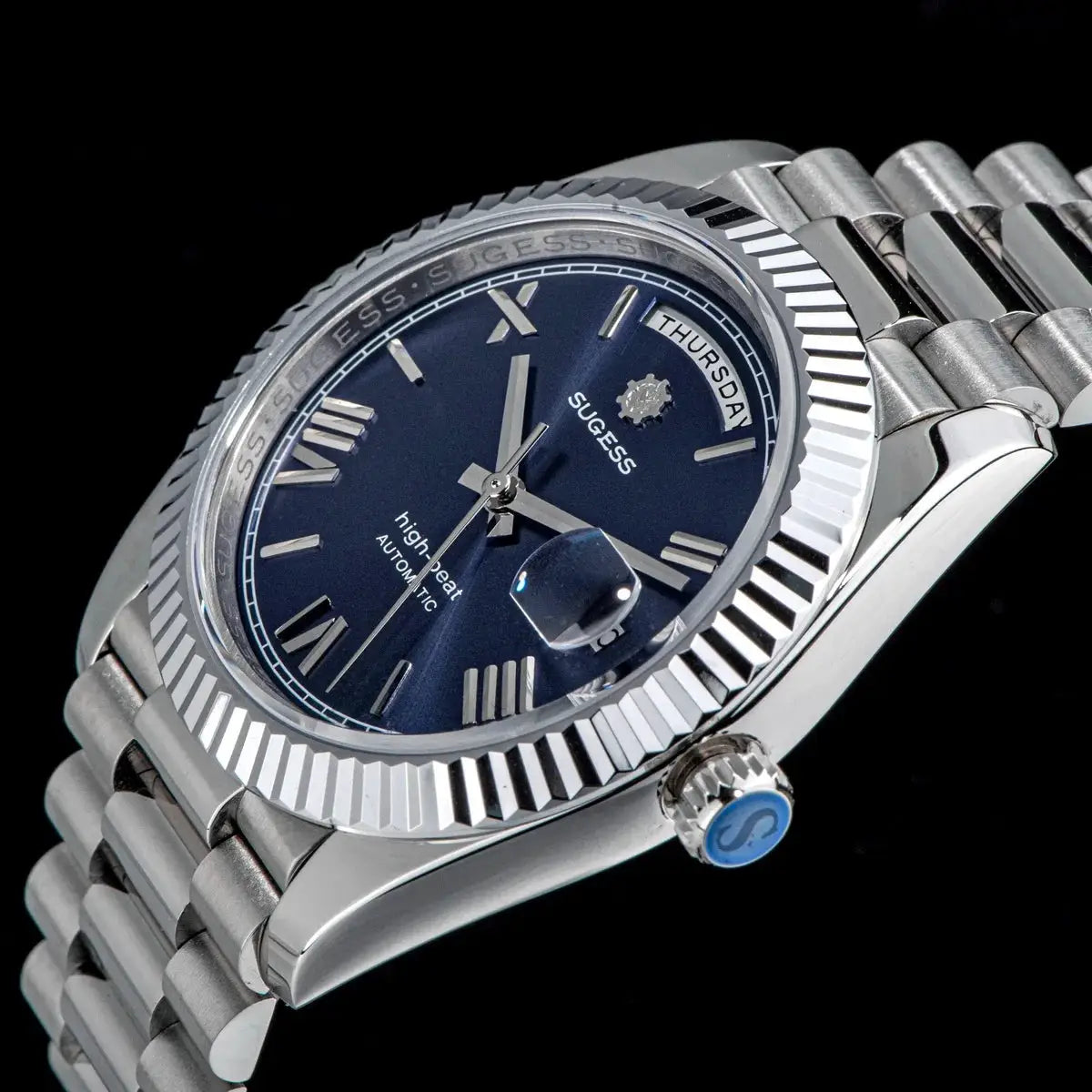 Sugess men's 40mm automatic wristwatch; blue dial, day/date window, sapphire glass, stainless steel bracelet