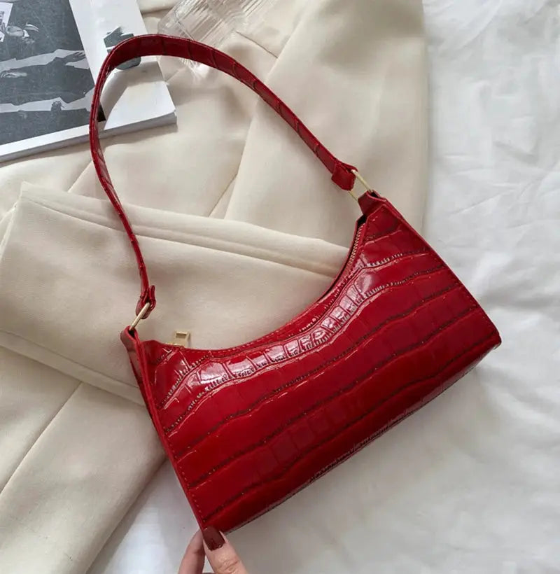 Simples Market red alligator-pattern PU leather underarm handbag with gold-tone hardware