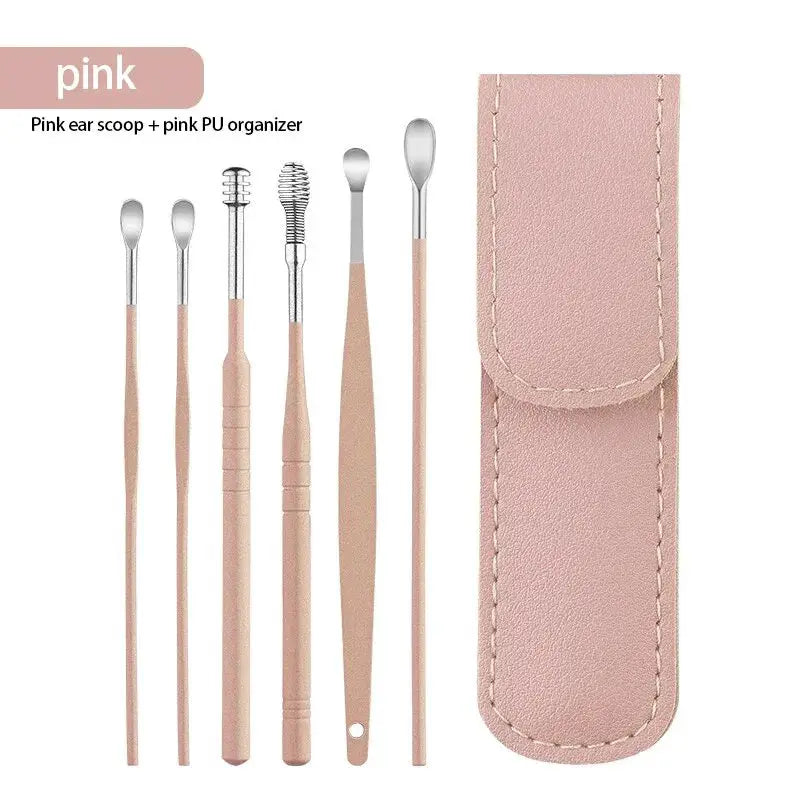 Six Piece Stainless Steel Ear Picking Tool Set With Leather Bag Ear Cleaning Spoon Kit Easy To Carry At Home