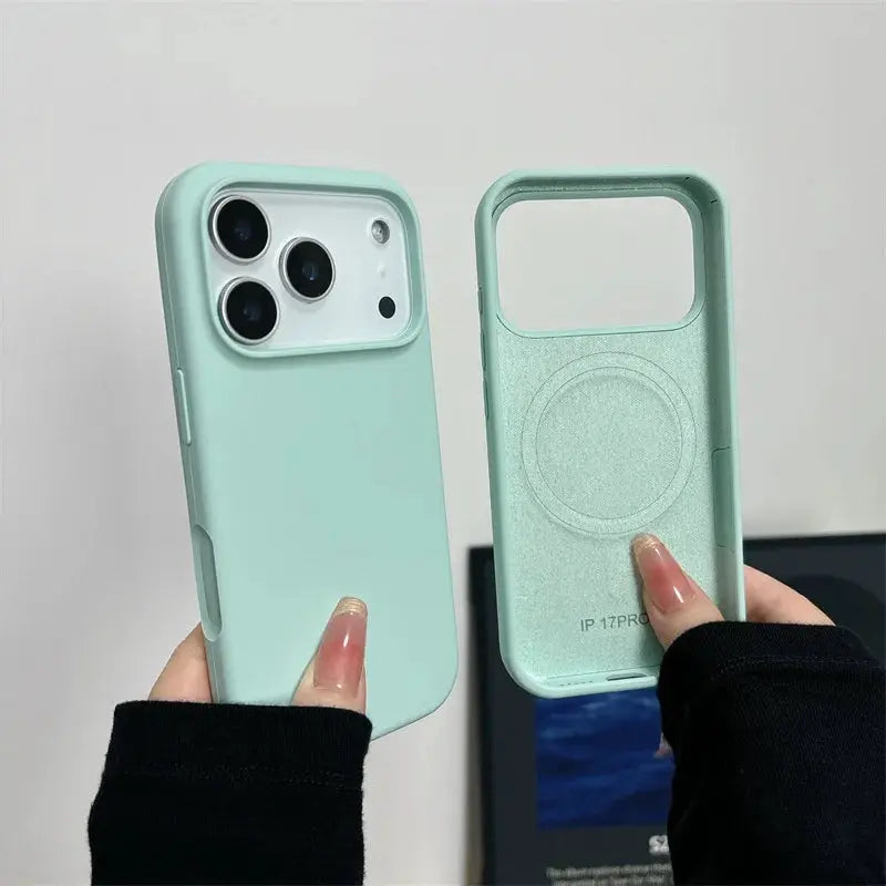 Simples Market magnetic liquid silicone case for iPhone 17 series, mint green, MagSafe, shockproof (2 cases shown)