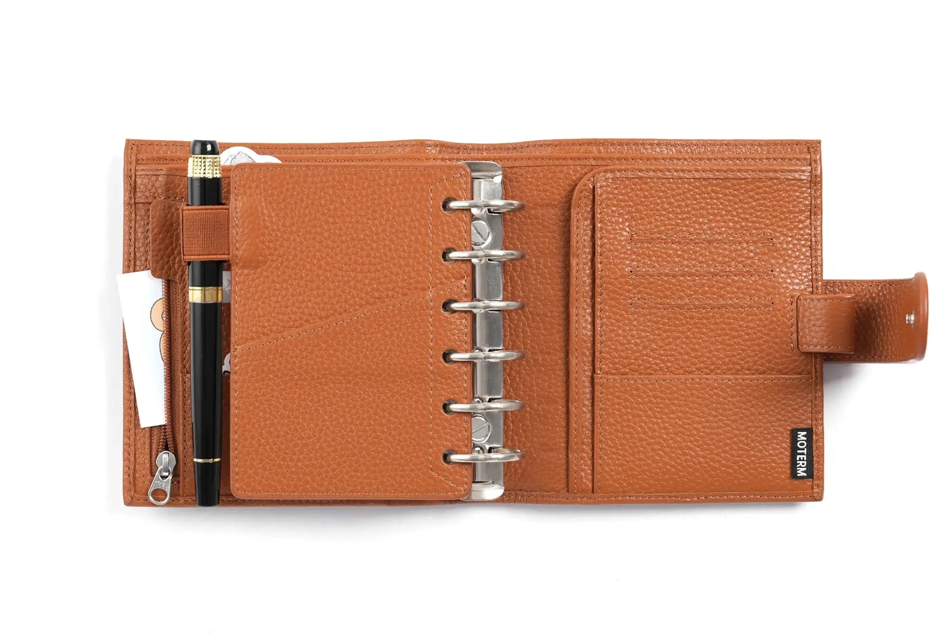 Moterm Luxe 2.0 pocket size planner in brown pebble-grain leather with 30mm rings; Simples Market, pen in loop