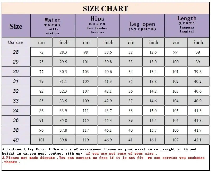 Simples Market New Business Casual Trousers size chart showing waist, hips, leg opening and length for sizes 28-40