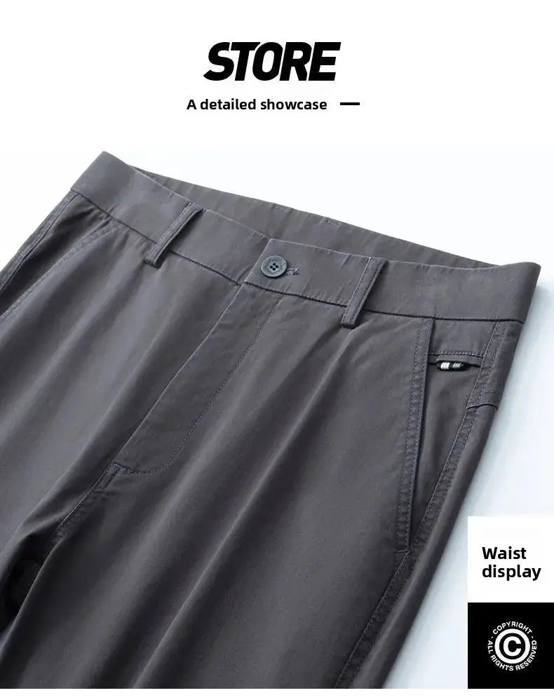 Men's cotton pants, straight-leg, charcoal grey with elastic waist, casual business trousers
