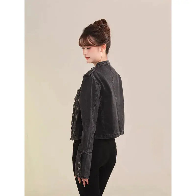UrbanDenim Women's Short Coat Denim Jacket With Retro Button Design And Stand Up Collar For Slim Fit Autumn Winter Warmth