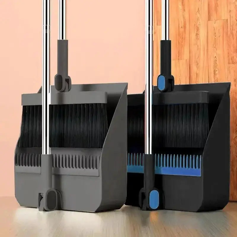 Broom and dustpan set by Simples Market; two gray and black units with foldable handles.
