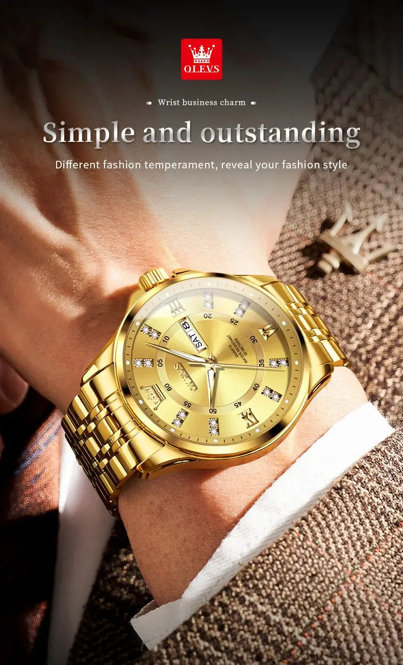 OLEVS gold stainless steel men's luxury quartz watch with date window and metal bracelet