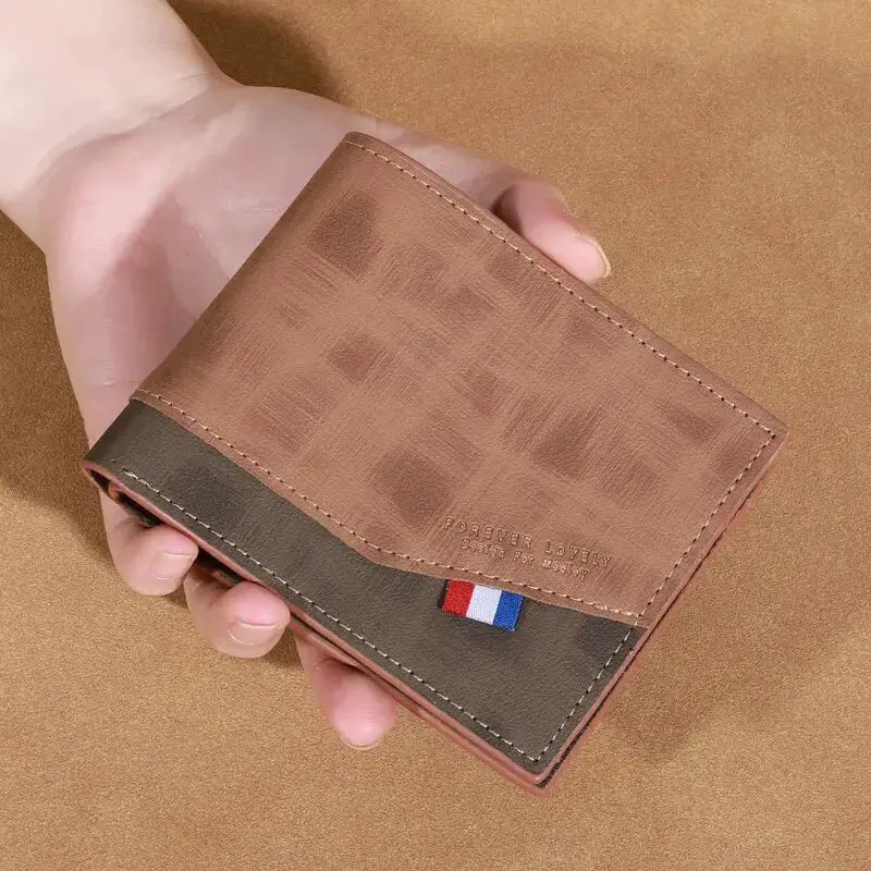 Men's leather wallet, small two-tone brown with coin slot and photo slots, vintage style