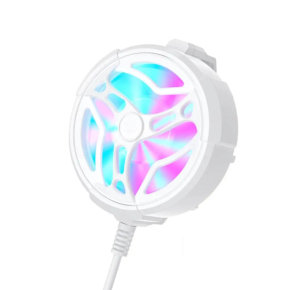 USB back-clip cooling fan for mobile phones, white with iridescent RGB blades.