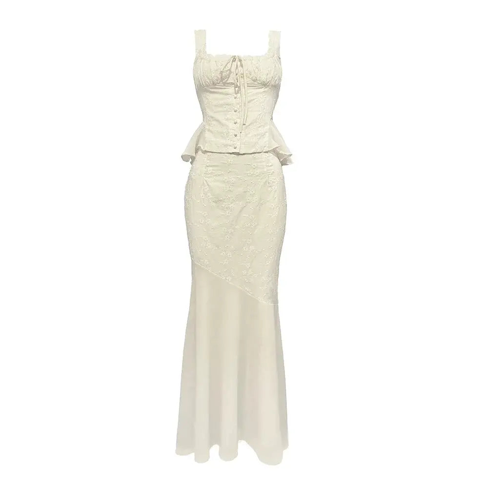 Minigmingxi 2024 Summer Beige Two Piece Dress Set Mermaid Skirt
