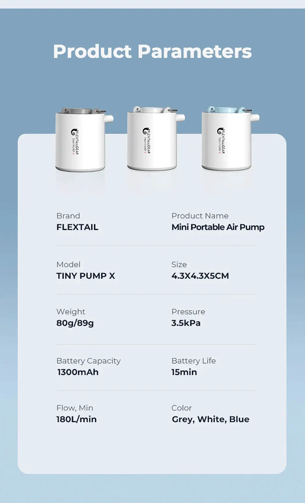 FLEXTAIL mini portable air pump, 3-pack in grey, white, blue