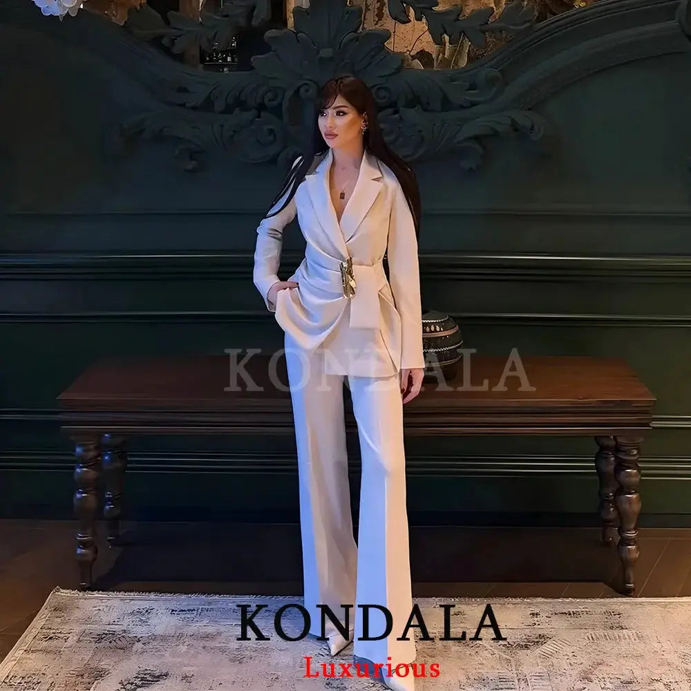 KONDALA white office blazer suit for women with belted blazer featuring a gold buckle and wide-leg pants