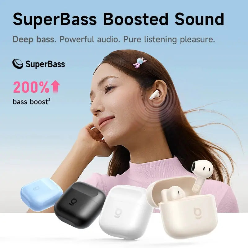 Baseus BS2 Lite true wireless earbuds with charging case; four color variants shown (blue, black, white, beige)