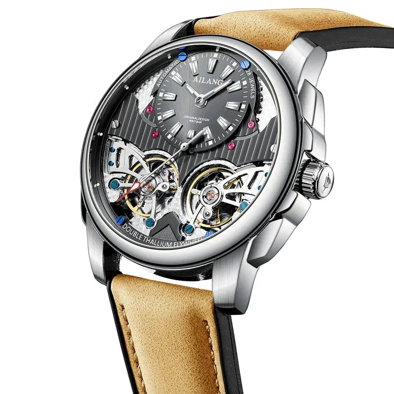 AILANG automatic mechanical wristwatch with silver case, tan leather strap, skeleton dial and dual tourbillon