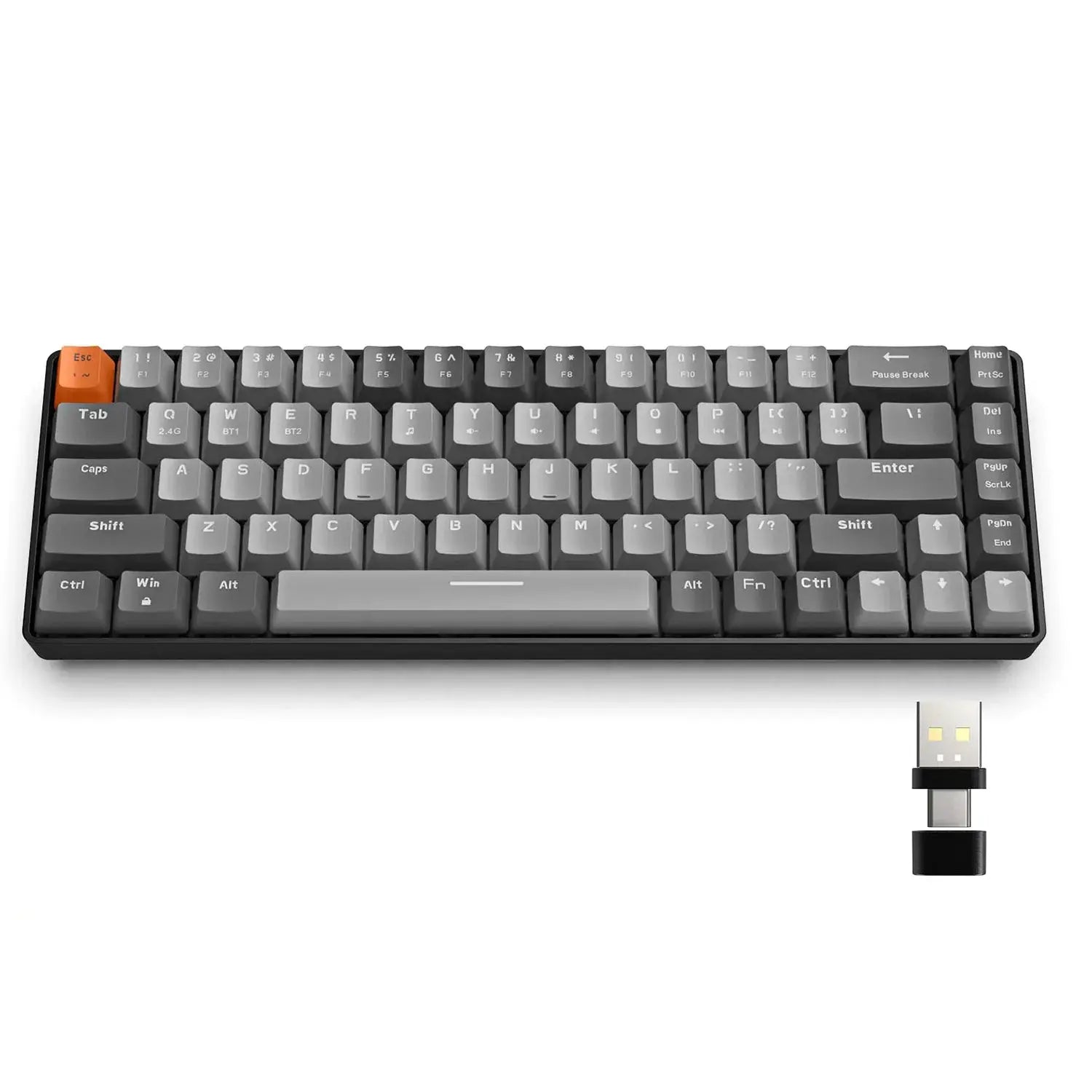 Simples Market RK68 60% wireless mechanical keyboard; gray keycaps with orange Esc key and USB dongle