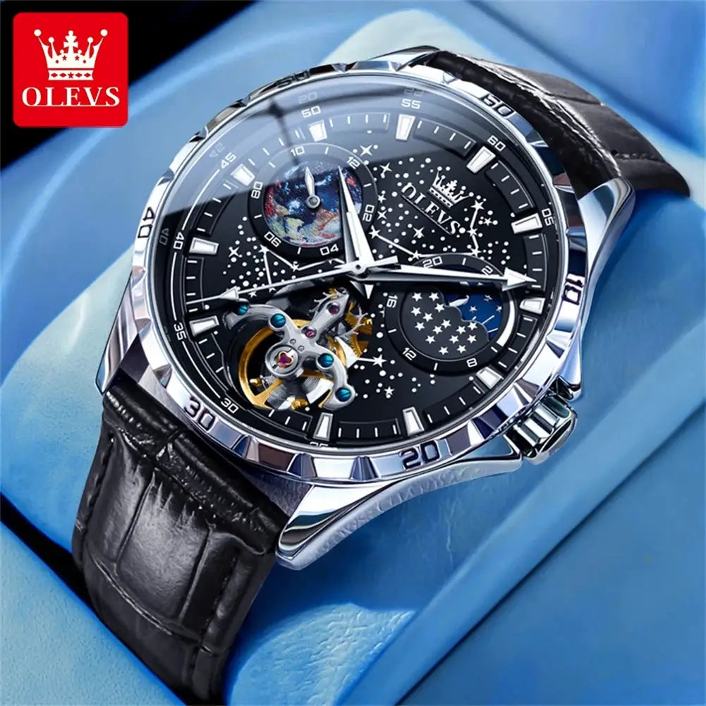 OLEVS flywheel skeleton automatic watch for men, black starry-sky dial, leather strap