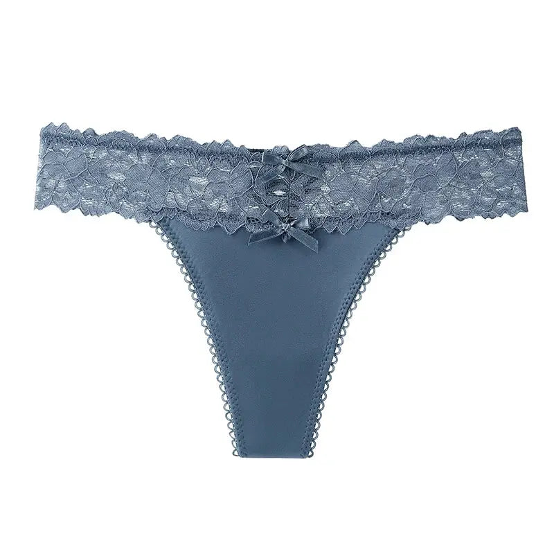 BANNIROU blue lace thong underwear for women with scalloped edges and bow detail