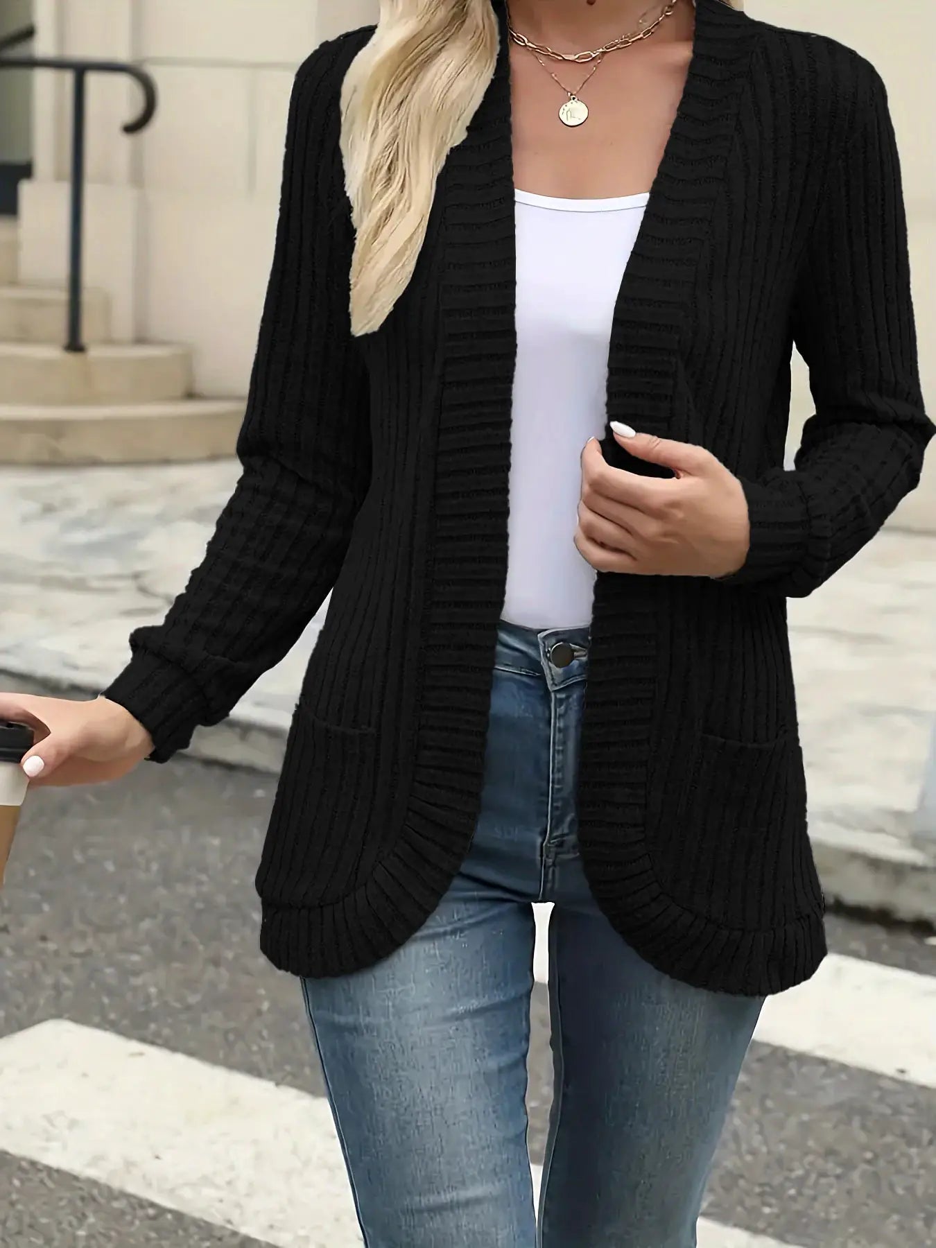 StyleNest Solid Color Brushed Pinstripe Cardigan Jacket For Women With Cozy Warmth And High Stretch Knit