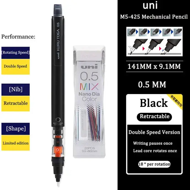 UNI KURUTOGA M5-452 black mechanical pencil with 0.5mm lead and a refill pack