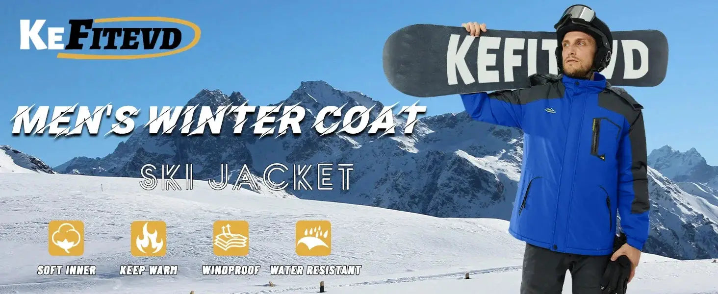 KEFITEVD men's winter ski jacket; blue waterproof coat with black shoulder panels.