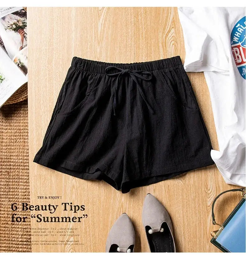 Black high-waisted women's linen shorts with drawstring for casual gym wear