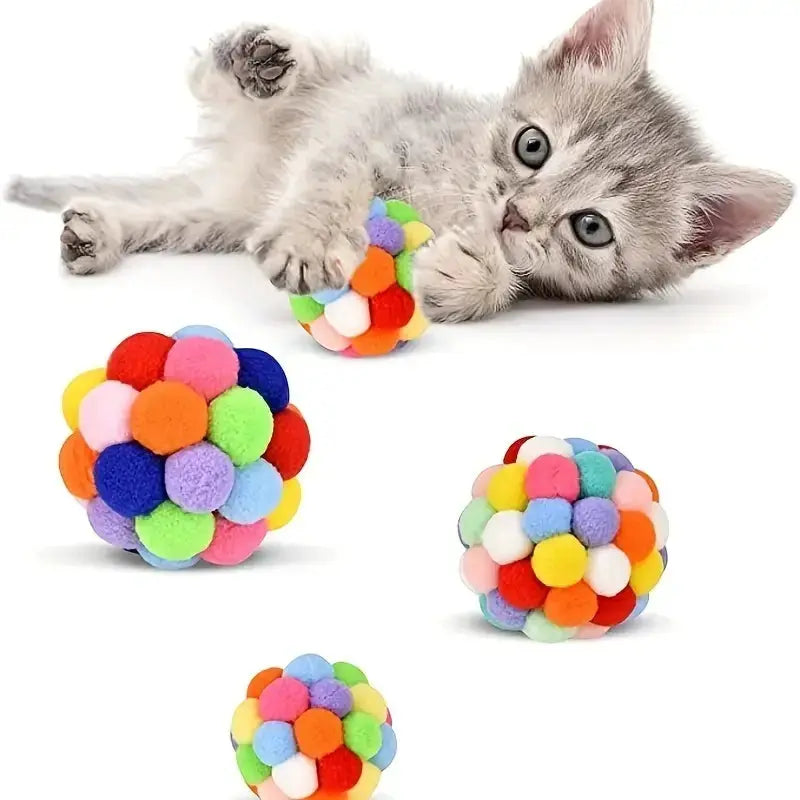 Simples Market 3-piece cat plush ball toy set with colorful woolen pom-poms for cats
