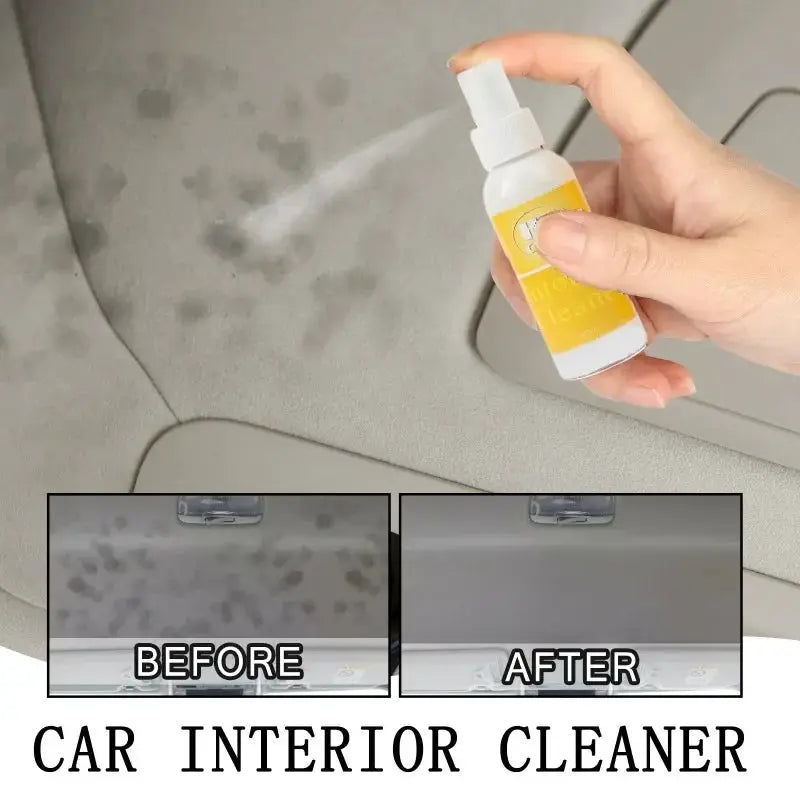 H4Cacle car upholstery cleaner by Simples Market; yellow spray bottle used on gray car seat with before and after stain removal panels