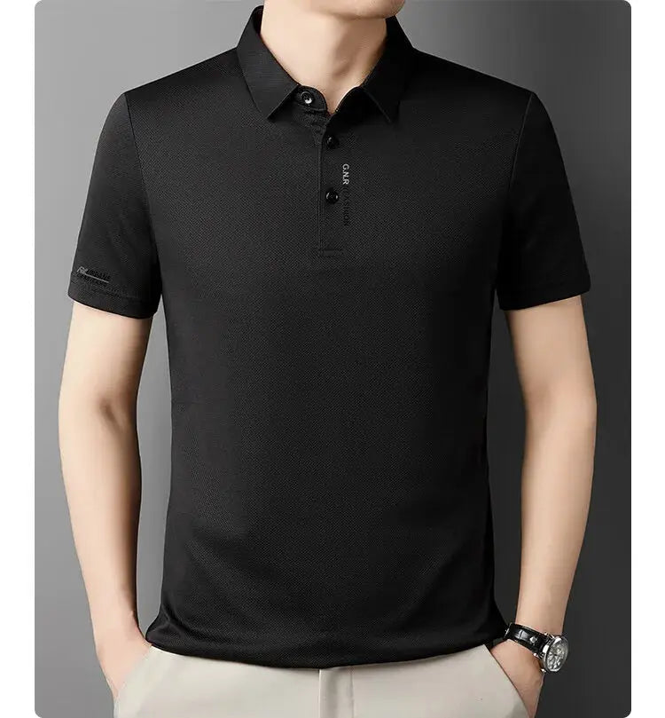 Men's black ice silk polo shirt, short sleeves, textured knit fabric, Simples Market