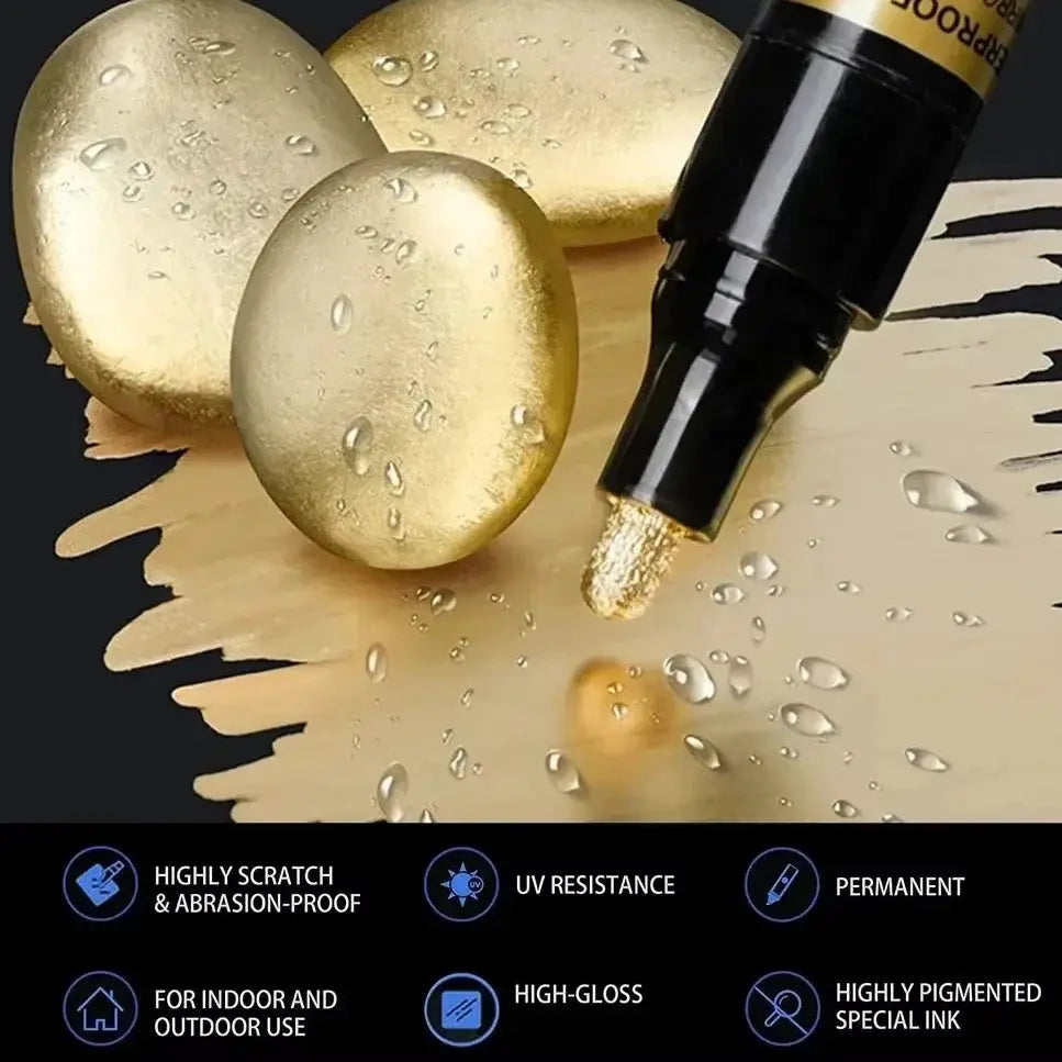 Simples Market chrome pen marker; gold metallic paint on 3 discs, 2mm nib
